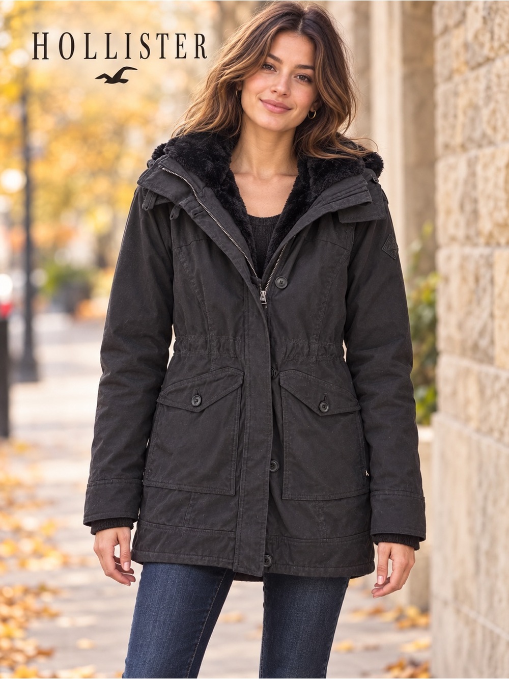 Hollister Heritage Black Faux Fur Lined Hooded Parka Jacket Size S VGUC Winter